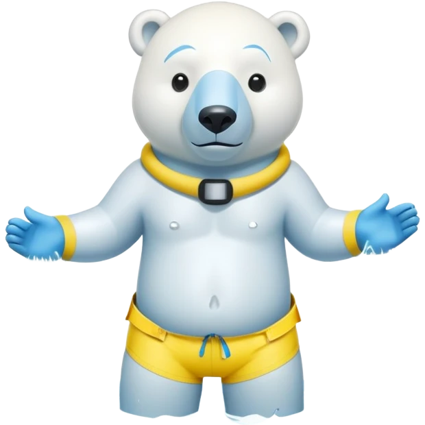 friendly anthropomorphised polar bear standing in a small puddle, wearing baggy board shorts, inflatable swimming armbands, scuba mask over eyes emoji
