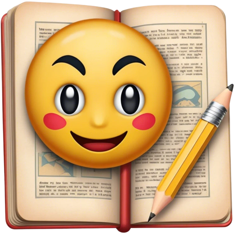 Create a detailed emoji representing the process of writing texts for comic books. The design should feature a large, open comic book with vintage comic strips visible on its pages. A pencil should be shown writing text on one of the comic panels, but without a hand. The pencil should appear as though it is actively creating the dialogue or narration. Use a classic color palette with muted tones for the comic book and brighter accents on the pencil to draw attention to the writing process. Do not include any emojis or smiley faces. Make the background transparent. emoji