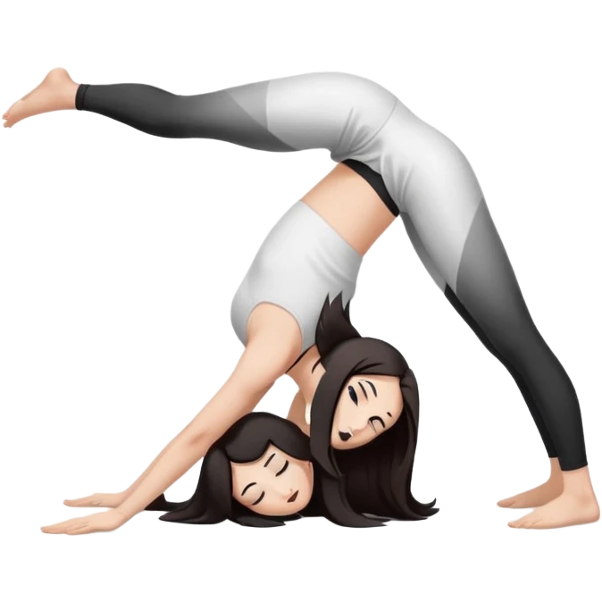 Девушка белокожая в позе собака мордой вниз, с длинными темными волосами, в белом топе, в черных лосинах, с черными ресницами emoji