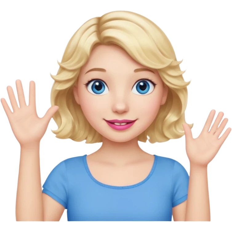 Girl Blonde short wavy hair,  blue eyes, cute blue top, long lashes, pink lips, smiling, waving hello  emoji