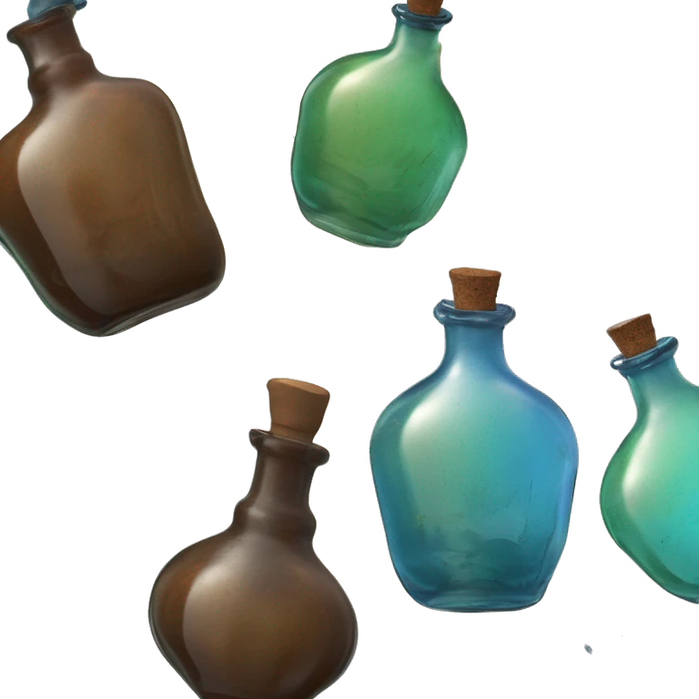 Mysterious Alchemical vintage glass potion bottle, exquisite bottle shape, old and shabby, with label, stylish and minimalistic, brown, blue and green, oil potion is poured out of the bottle, herbal, flowers and oil is spilled next to it emoji