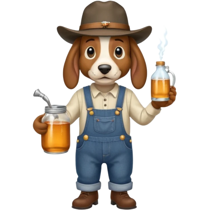 toothless hillbilly basset hound wearing a stetson and dungarees carrying moonshine emoji