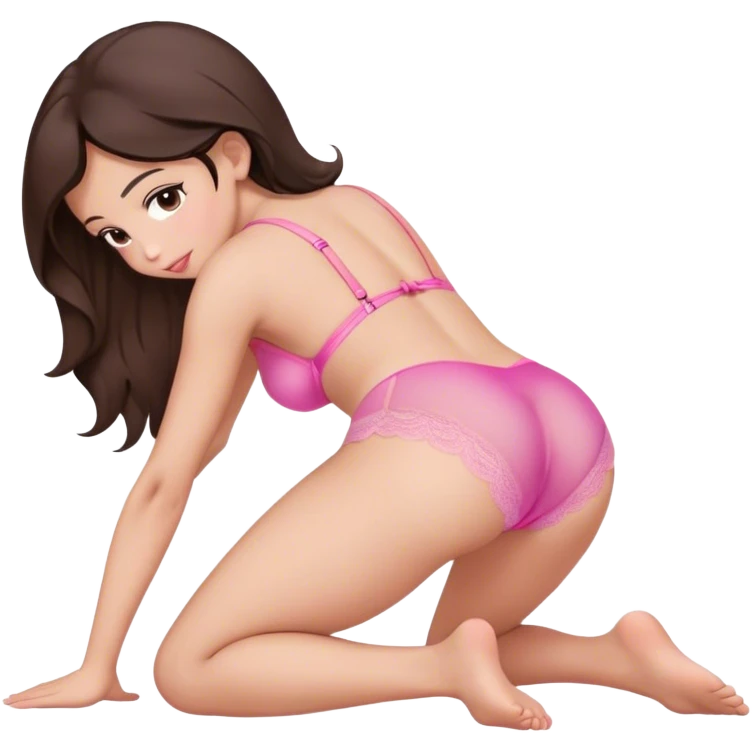 brunette intimate sfw cute pink lingerie pose bending arched curved IN back on hands and knees face down from behind emoji