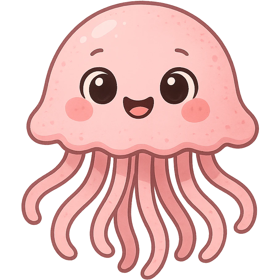 a cute pink jellyfish, original design, big eyes, blushing cheeks, joyful emoji