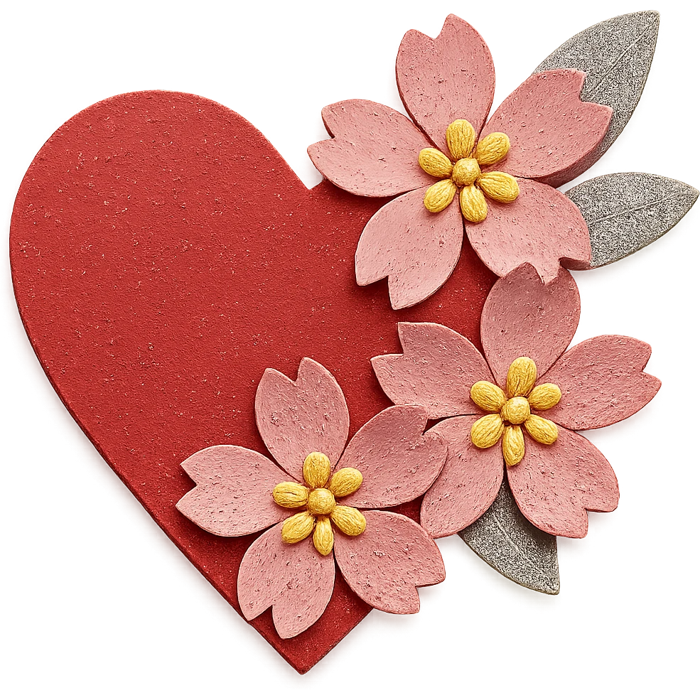 Make the silver accents and details extremely prominent and abundant on the heart with sakura, paper craft style, no background. emoji
