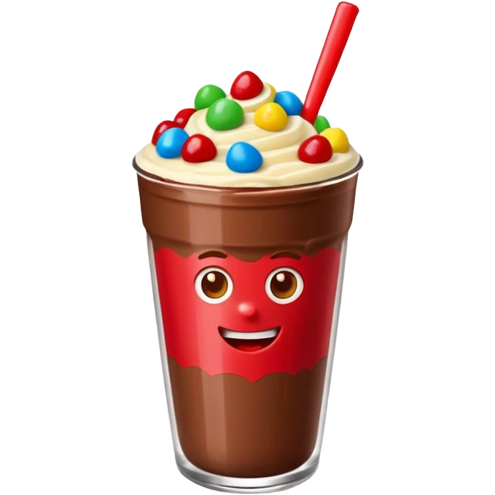 Un vaso cubierto de chocolate que arriba se vea crema batida varias fresas y mym emoji