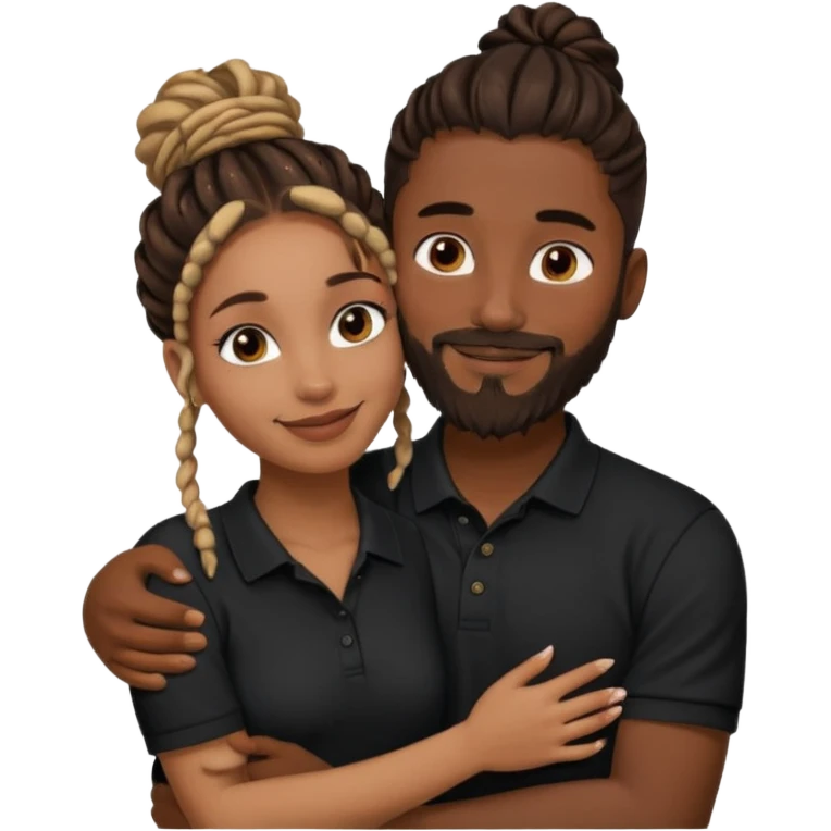Couple emoji: smiling woman with brown skin, nose ring, makeup, hugging man with dark skin, beard, dreadlocks in a bun, wearing black polo. Warm, loving vibe. emoji