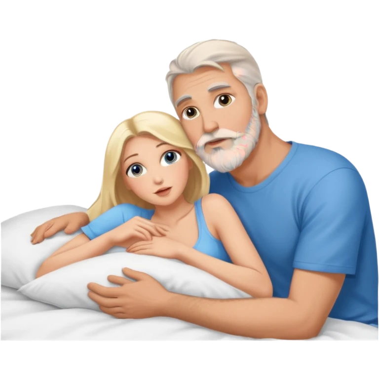 Cuddling Man with hazel eyes and gray beard kissing sexy  blonde blue-eyed  woman in bed emoji