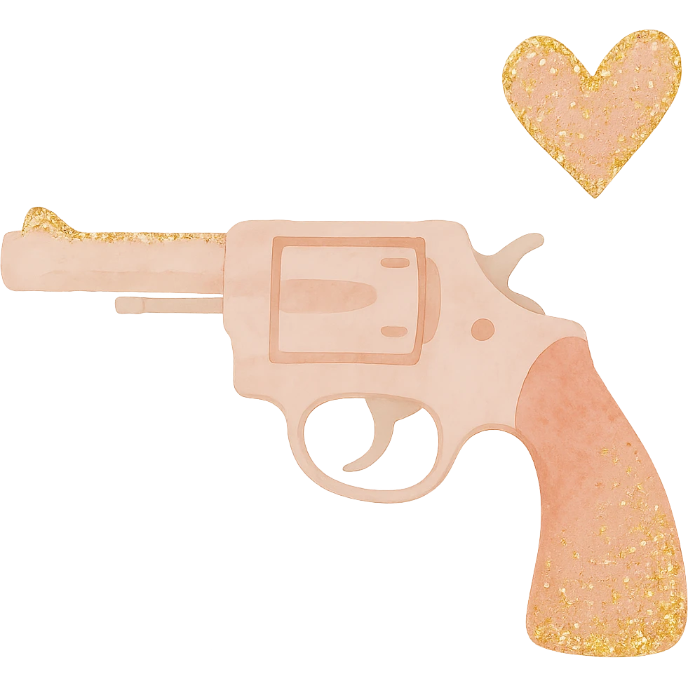 Add sparkling glitter details to the watercolor pink heart pistol, keeping the soft edges and gentle color blending, with no background. emoji
