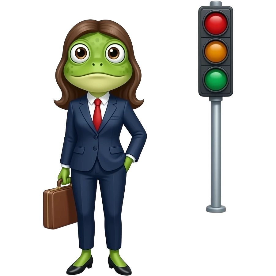 A frog, a female official, who is going to a meeting and stands in front of a road, thinking about how to cross it. Comwedial. You can also see the road. emoji