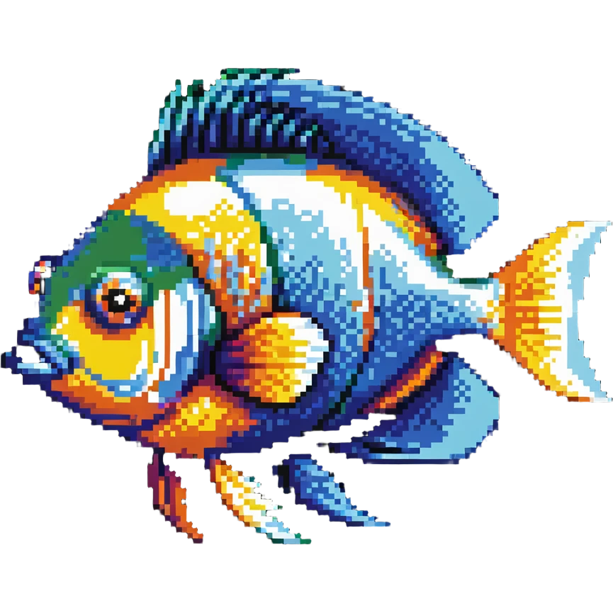 fish head logo, colorful tropical fish face viewed from the front emoji