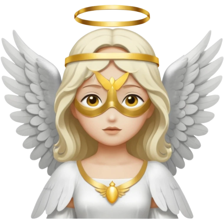angel with gray skin, blindfolds without eyes, with two white large wings, with a white and golden dress, with a golden halo emoji