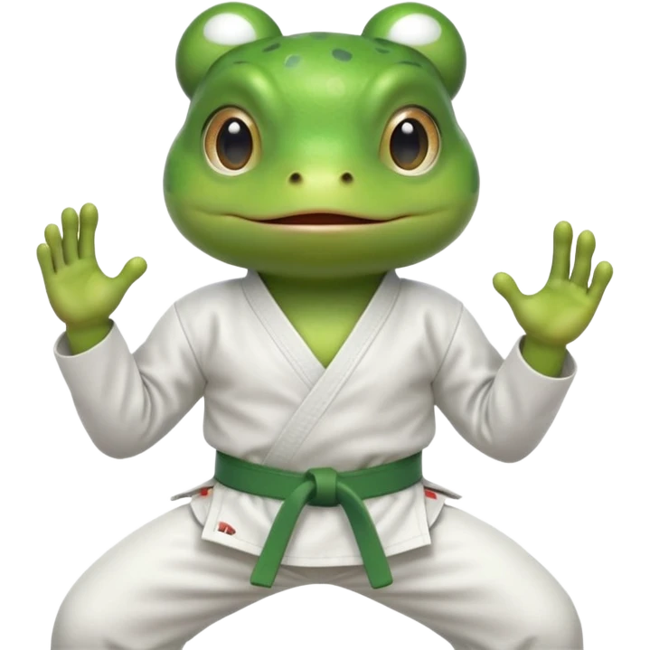 cute frog doing karate portrait, head and shoulders only, wearing white gi uniform, green belt visible, funny serious face, 3D cartoon, mobile game icon style, clean background, no text, no watermark
 emoji