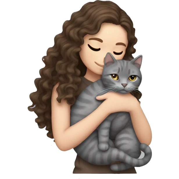 White Girl curly brunette hair cuddling with grey cat emoji