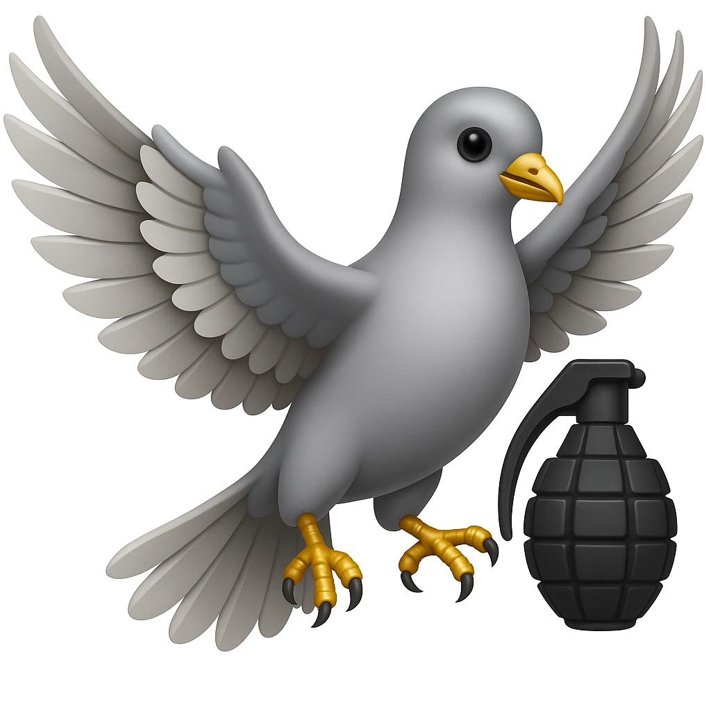 a flying dove holding a grenade in its paws, inspired by the Hollywood Undead logo, in the style of Apple emoji emoji