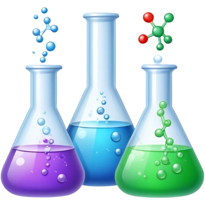 An icon featuring laboratory flasks with tubes, symbolizing chemistry. The design includes liquid and powder substances, a chemical reaction with bubbles, and molecular formulas, representing chemical processes like hydrolysis. Transparent background emoji