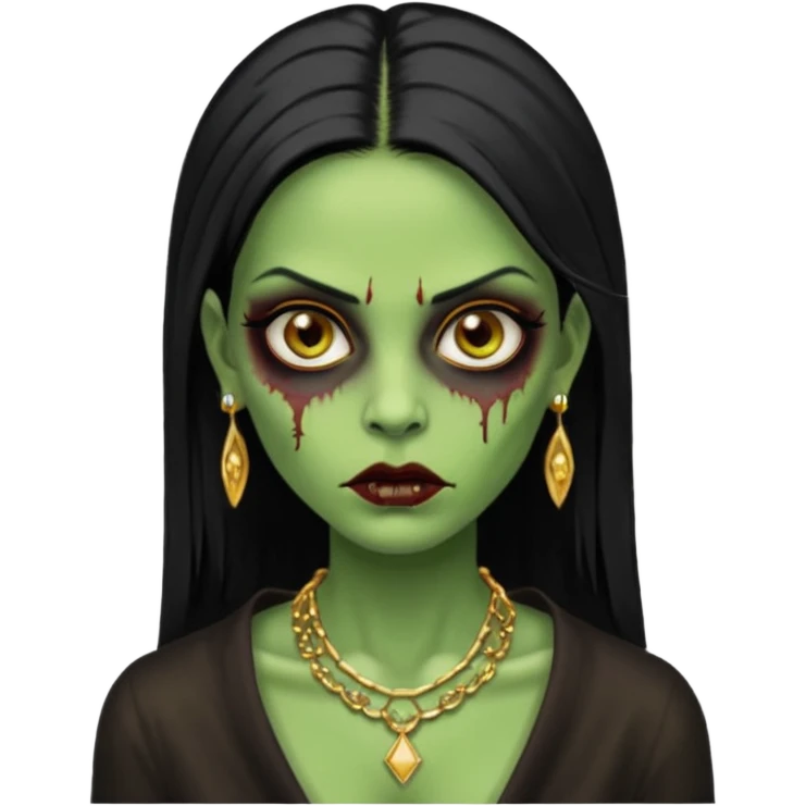 Faça uma zombie mulher bonita verde com olhos castanhos cabelos pretos partido ao meio liso, com estilo y2k e ouro emoji