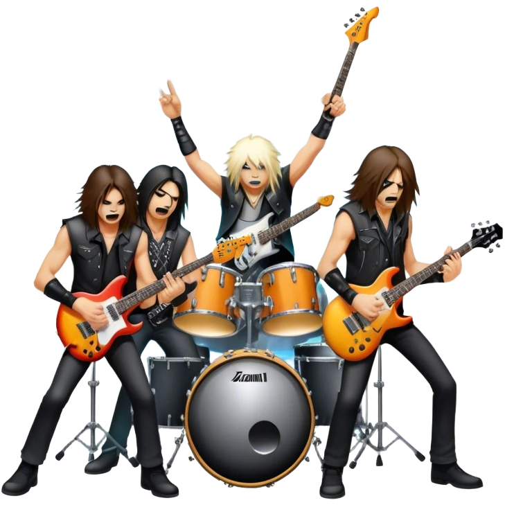 Icon for Heavy Metal Music: 4 men band on stage with electric guitars, drums and intense lighting. 4 Musicians headbanging, surrounded by energy and stage effects, capturing the power and intensity of a metal concert. Transparent background. emoji