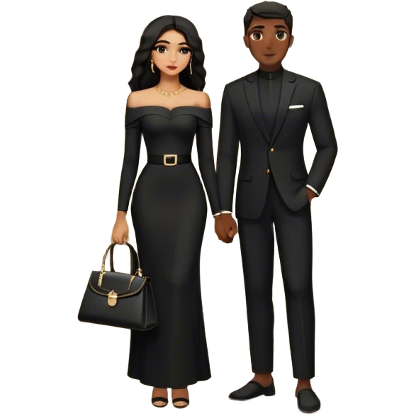 the man dressed in all black, and the woman in an elegant off-shoulder cream-colored outfit with a matching handbag. The background features a textured stone wall, an iron window, and lush greenery, adding a timeless, vintage charm to the scene. Arabic couple  emoji