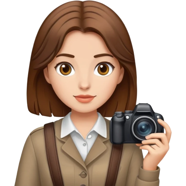 Дівчина фотограф з каштановим волоссям стаильно одягнена emoji