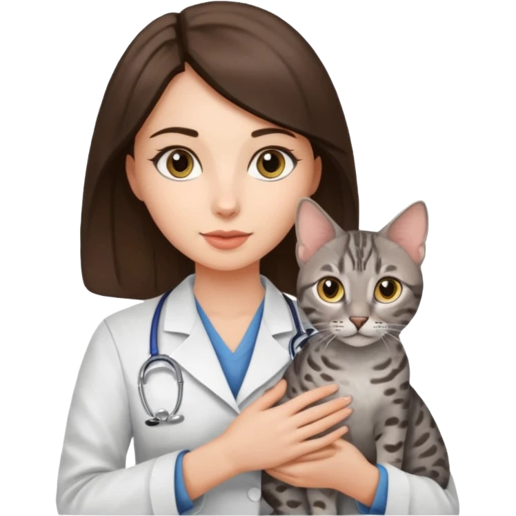 Female veterinarian, brunette, Egyptian mau cat emoji