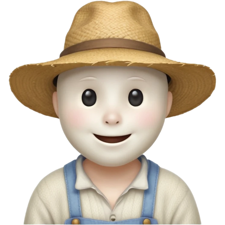 friendly ghost farmer portrait, head and shoulders only, straw hat, soft pale glow, gentle smile, cute cracked texture (not scary), cozy village vibe, warm lighting, 3D cartoon, mobile game icon style, clean background, no text, no watermark
 
 emoji