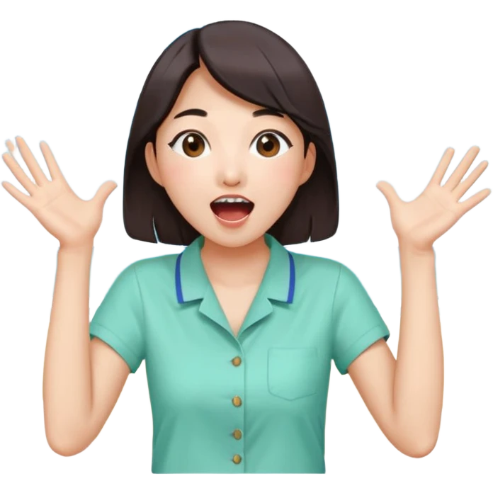 들뜬 표정의 20대 한국 여자, 여름 옷차림, 두 손으로 입을 감싸 “괌 가자~” 외치는 포즈. 민트색 배경, 밝고 유쾌한 광고 포스터 느낌, emoji