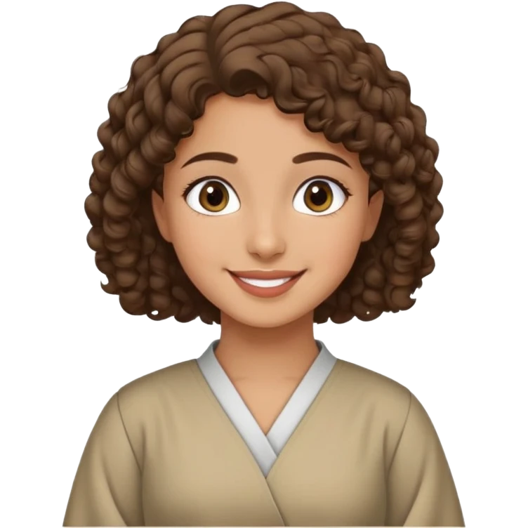 Palestinian girl emoji style, smiling, short curly brown hair, wearing a thobe dress, minimal background emoji