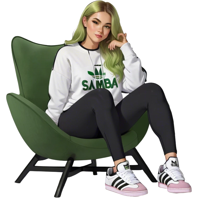 Girl long bright blonde highlighted hair middle part with rosy cheeks and plump mauve lips green eyes and wearing a white sweatshirt and black leggings with black and white adidas OG Samba sneakers sitting in a cozy chair posing with legs over the side of chair  emoji