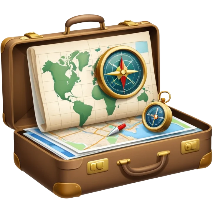 An icon featuring a suitcase, hotel building, symbolizing the scientific study of tourism and hospitality. The design includes a map, a compass, and a checklist, representing travel planning and service management. Transparent background highlights the academic exploration of the tourism industry. emoji
