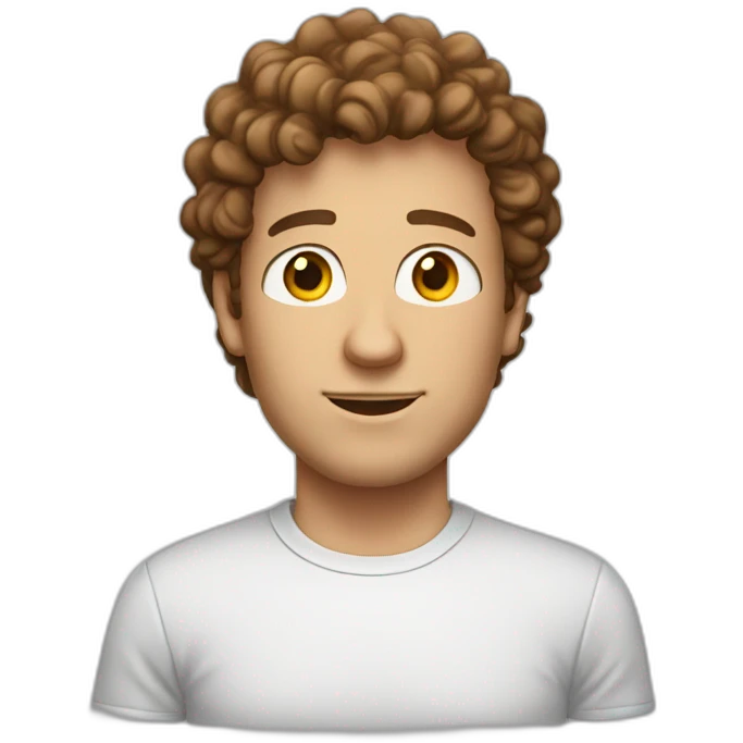 white man with short brown curly hair wearing dorky tshirt emoji