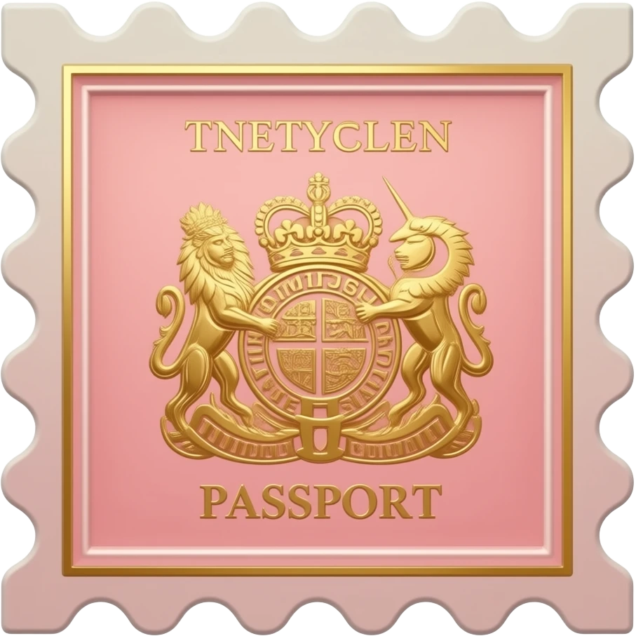 Elegant London passport stamp design, isolated, centered, no background, blush pink and gold, refined travel luxury aesthetic emoji