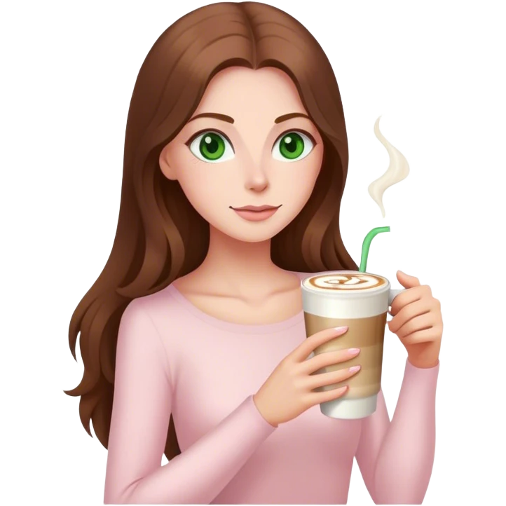 pretty woman with very long brown hair and green eyes and light pink outfit drinking a latte emoji