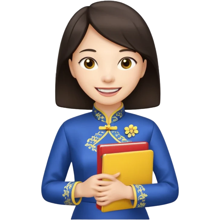 Teacher emoji but : european volume dark brown hair, light skin, no glasses, dark eyes, with a computer folder in the hand (color is yellow), being a teacher, wearing a chinese qipao ( dark blue), smile with teeth





 emoji