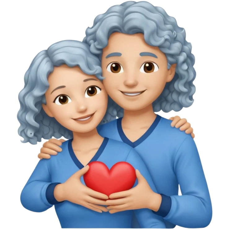 Silver hair, wavy/curly hair chin-length lady giving hug with 2 arms,  v-neck and smiling, add a heart, blue shirt emoji