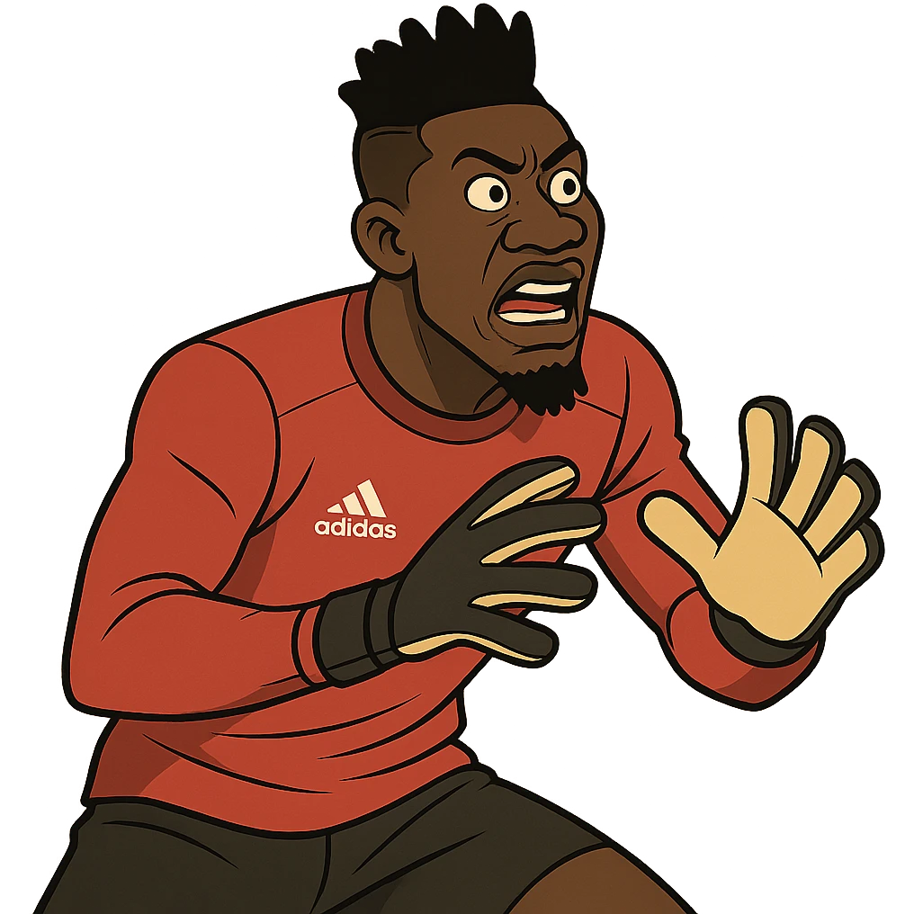André Onana, football goalkeeper, cartoon style, wearing a goalkeeper jersey and gloves, expressive face, dynamic pose emoji