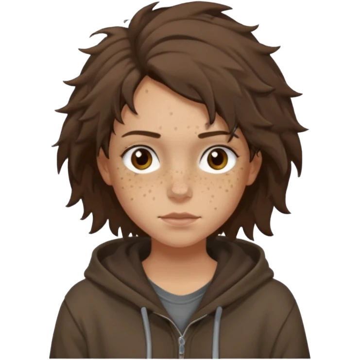 Hobo tomboy with light skin, freckles, dark brown shoulder-length hair in a messy style. Brown eyes, dark brown hoodie, brown shirt. emoji