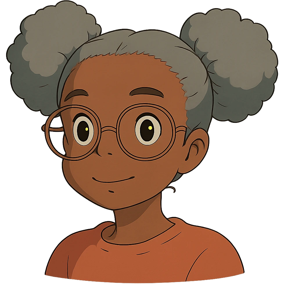 african american girl head with oversize glasses and gray hair in bunches, ghibli style emoji