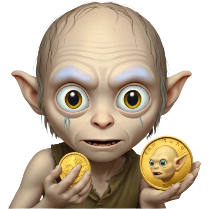 Gollum gazing at a coin in his hand emoji