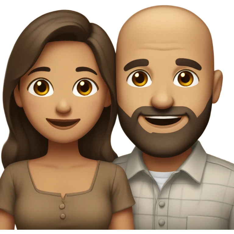 Brown-haired Puerto Rican woman with dark brown eyes wearing a cute blouse giving comforting hug to short, bald man with brown eyes, laugh lines, and a beard emoji