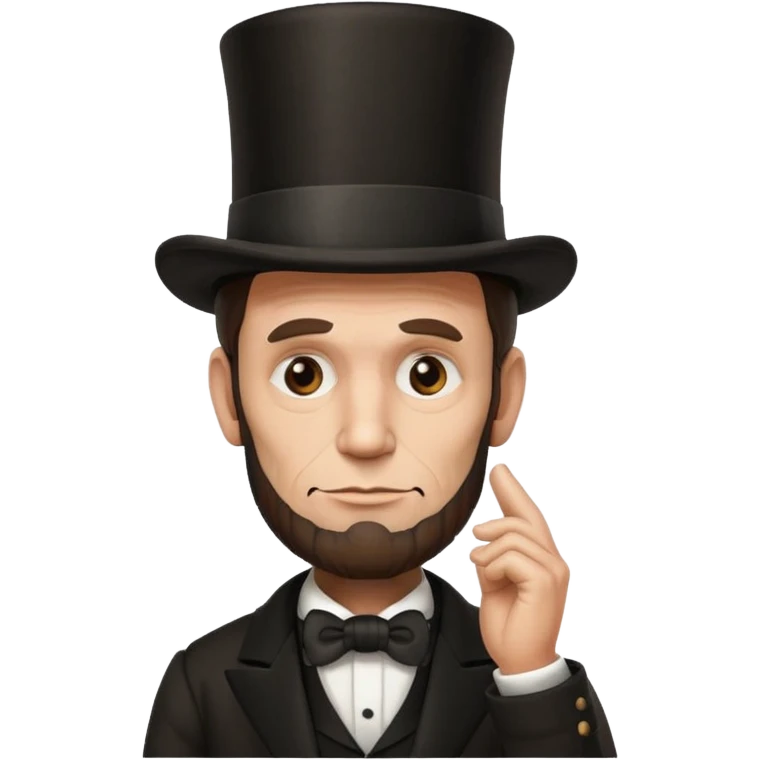 Abraham Lincoln as a thinking emoji with hand on chin, furrowed brow, top hat, and beard, comical yet serious expression emoji