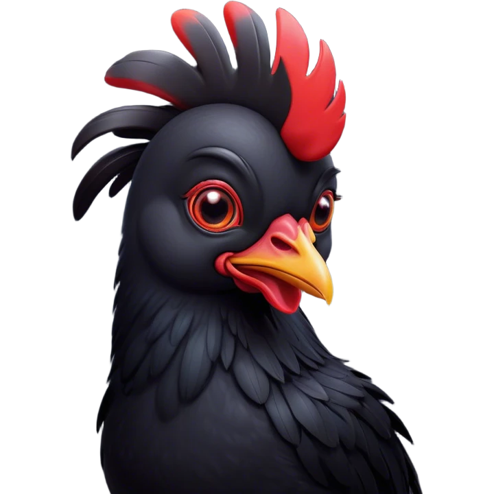 Cinematic Cute Black Chicken Portrait Emoji, Head tilted playfully and inquisitively, featuring sleek, lustrous black feathers and a vibrant red comb, round, sparkling beady eyes filled with curiosity, Simplified yet irresistibly adorable features, highly detailed, glowing with a warm, friendly glow, high shine, affectionate and lively, stylized with a touch of whimsical charm, bright and endearing, soft glowing outline, capturing the essence of a mischievous yet loving chicken, so playful it feels like it could peck out of the screen and into your arms! emoji