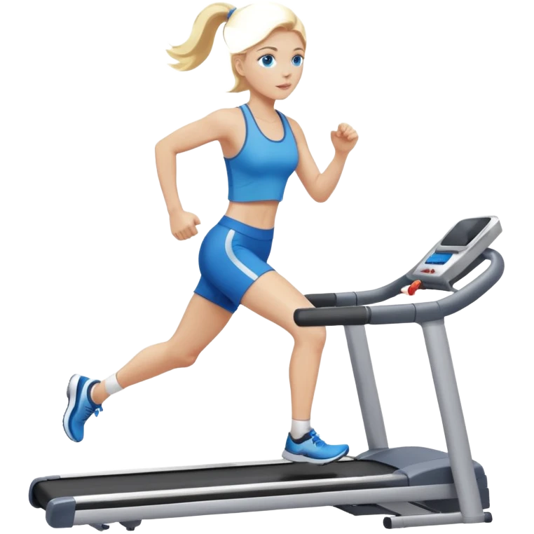 Une femme blonde yeux bleus qui cours sur un tapis de course emoji