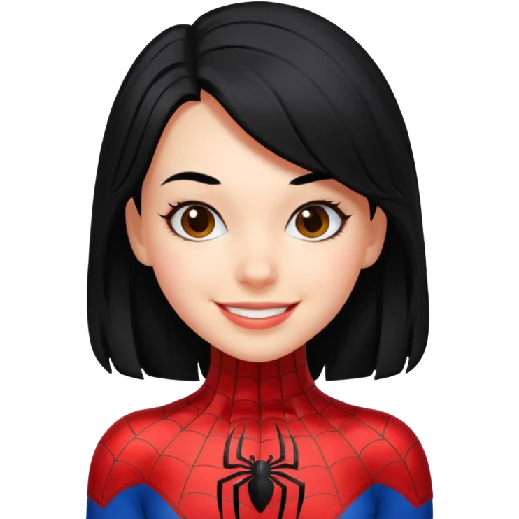 emoji of a girl with black hair and a Spiderman suit, smiling emoji