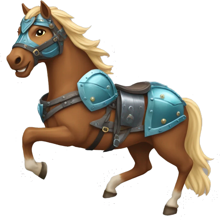 Chestnut brindle brindled horse blonde mane running galloping wearing blue and cyan armour  emoji