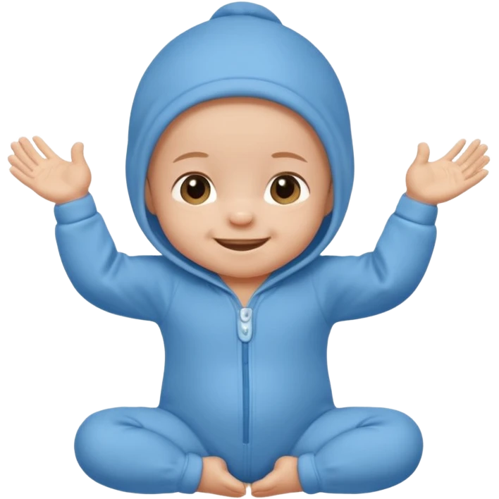 A smiling newborn baby wearing a blue onesie, moving its arms and hands. emoji