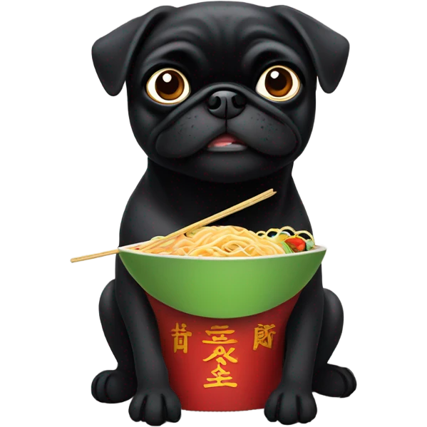 Black pug eating Chinese food emoji