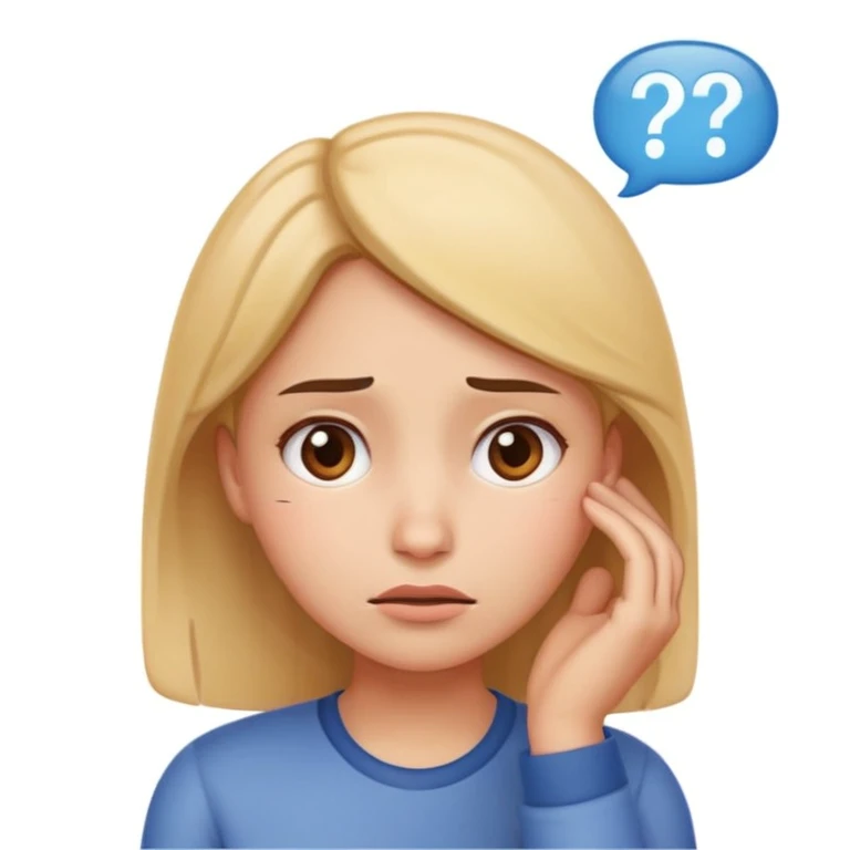 female student emoji, looking puzzled, holding her head with one hand, thinking hard about a difficult math problem, expressive face emoji