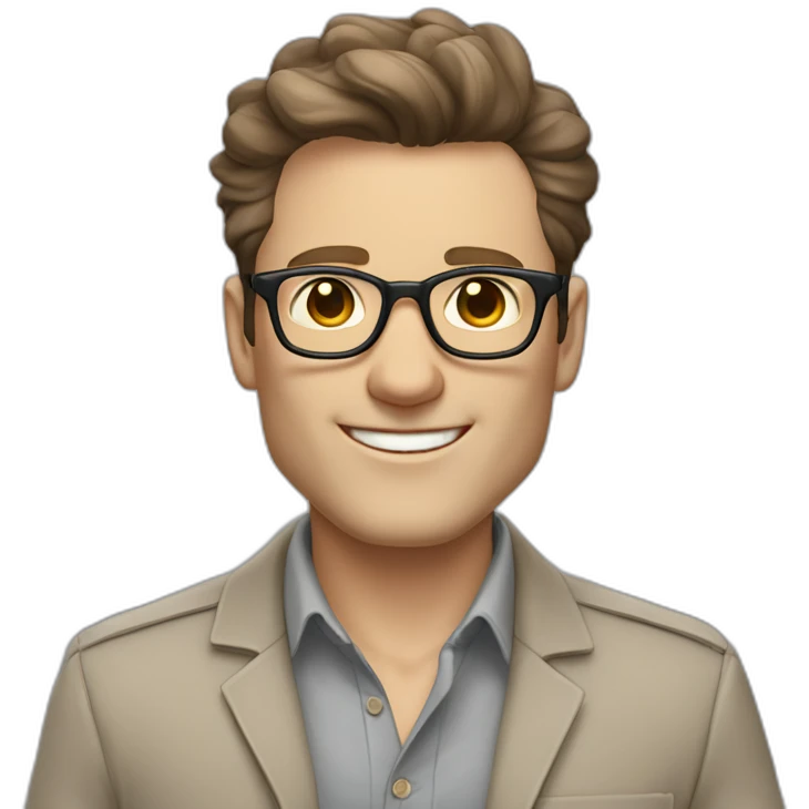 Joyful Pale skinned Fit Man With dark brown hair in gray jacket, beige office shirt, Brown pants and vintage glasses. His thrumbs up emoji