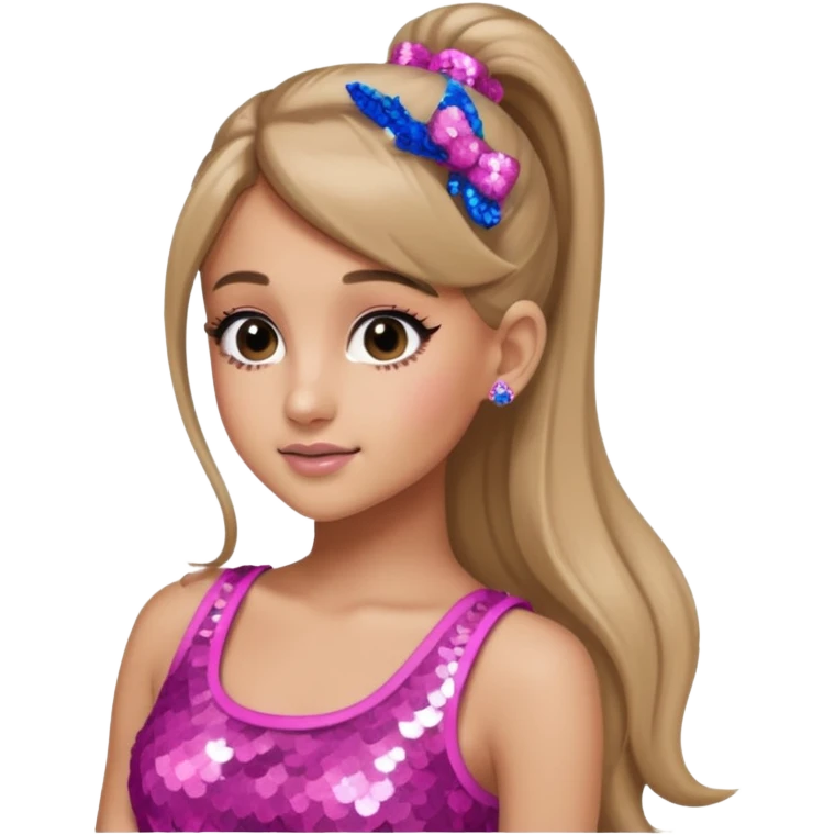 Ariana Grande with long dark blonde ponytail hair, pink sequin crop top emoji